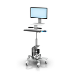Monitor y teclado en carrito médico de altura variable VHRS con superficie de trabajo.